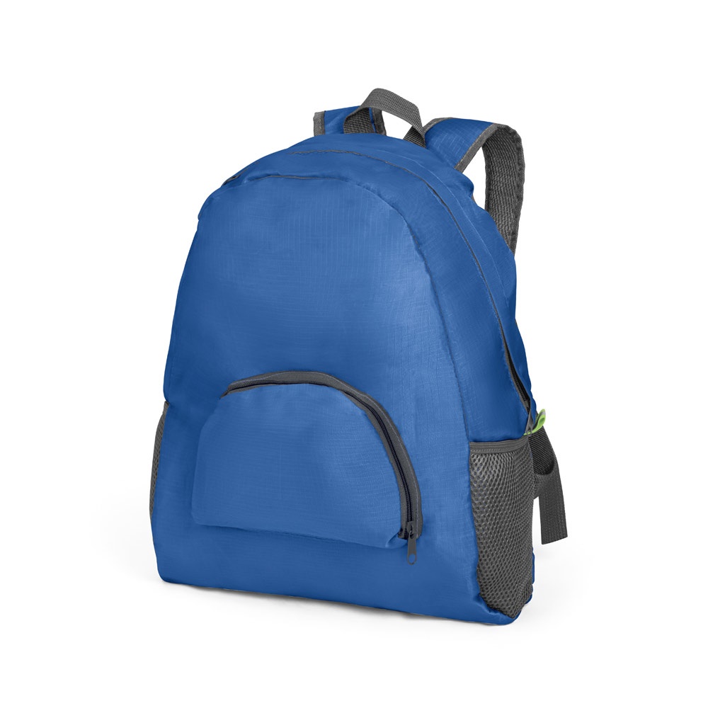 Mochila dobrável em 210D ripstop (11 litros) com bolso frontal personalizada com a logo da empresa, na cor azul royal