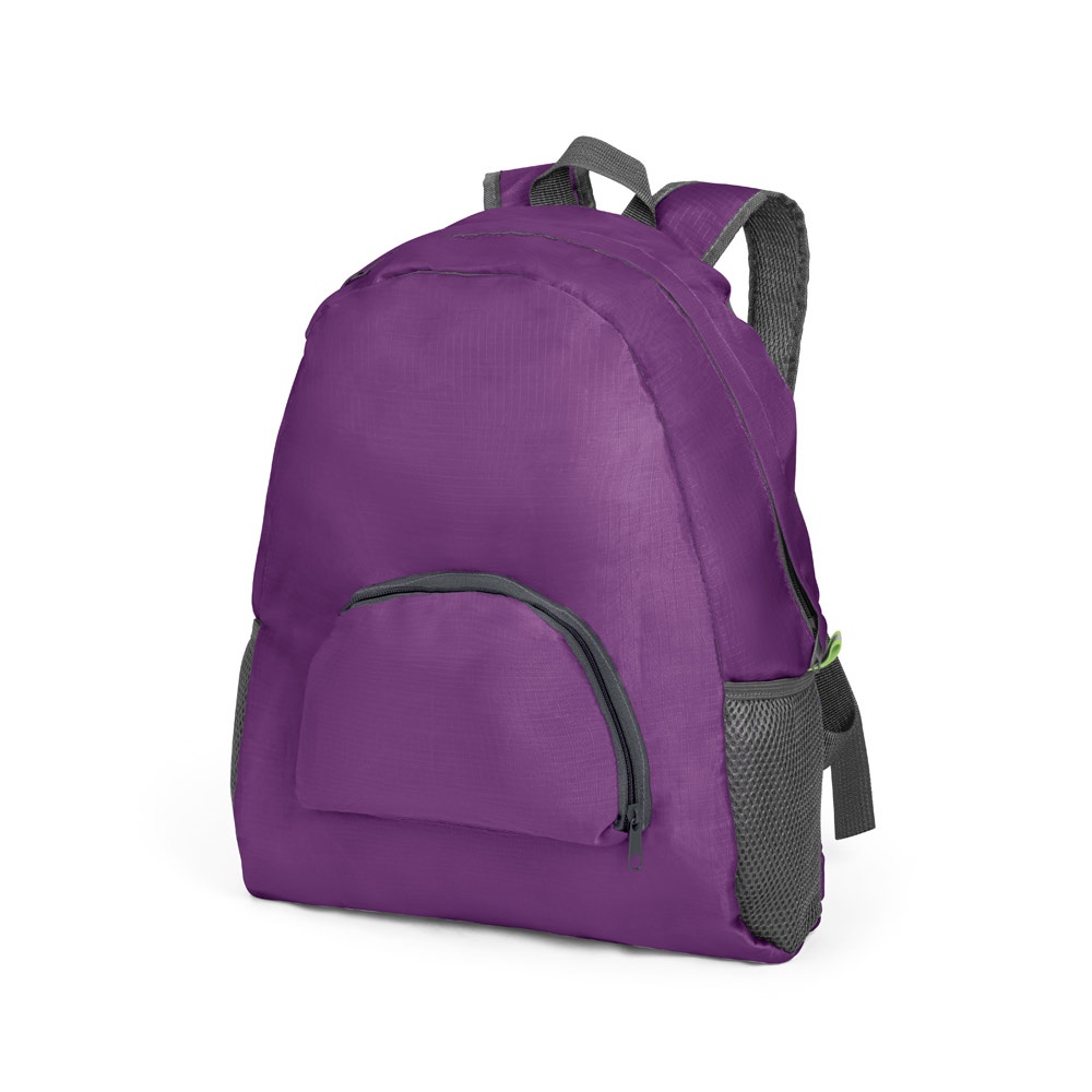 Mochila dobrável em 210D ripstop (11 litros) com bolso frontal personalizada com a logo da empresa, na cor roxo