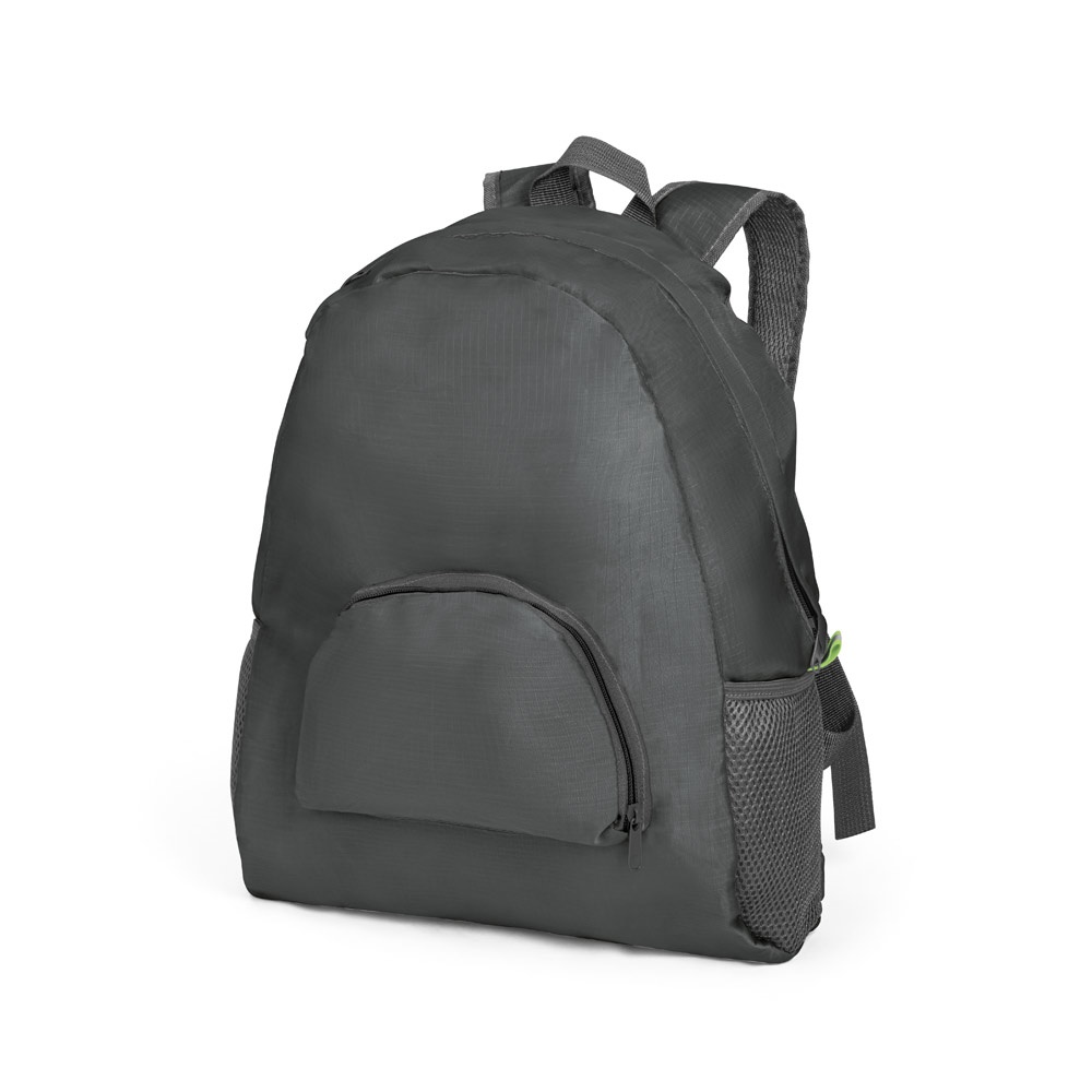 Mochila dobrável em 210D ripstop (11 litros) com bolso frontal personalizada com a logo da empresa, na cor cinza escuro
