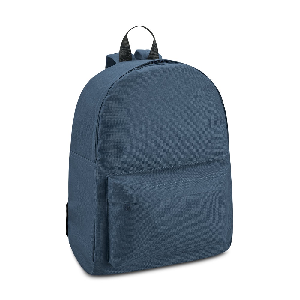 Mochila em 600D com alças almofadadas 20 litros e bolso frontal personalizada com a logo da empresa, na cor azul
