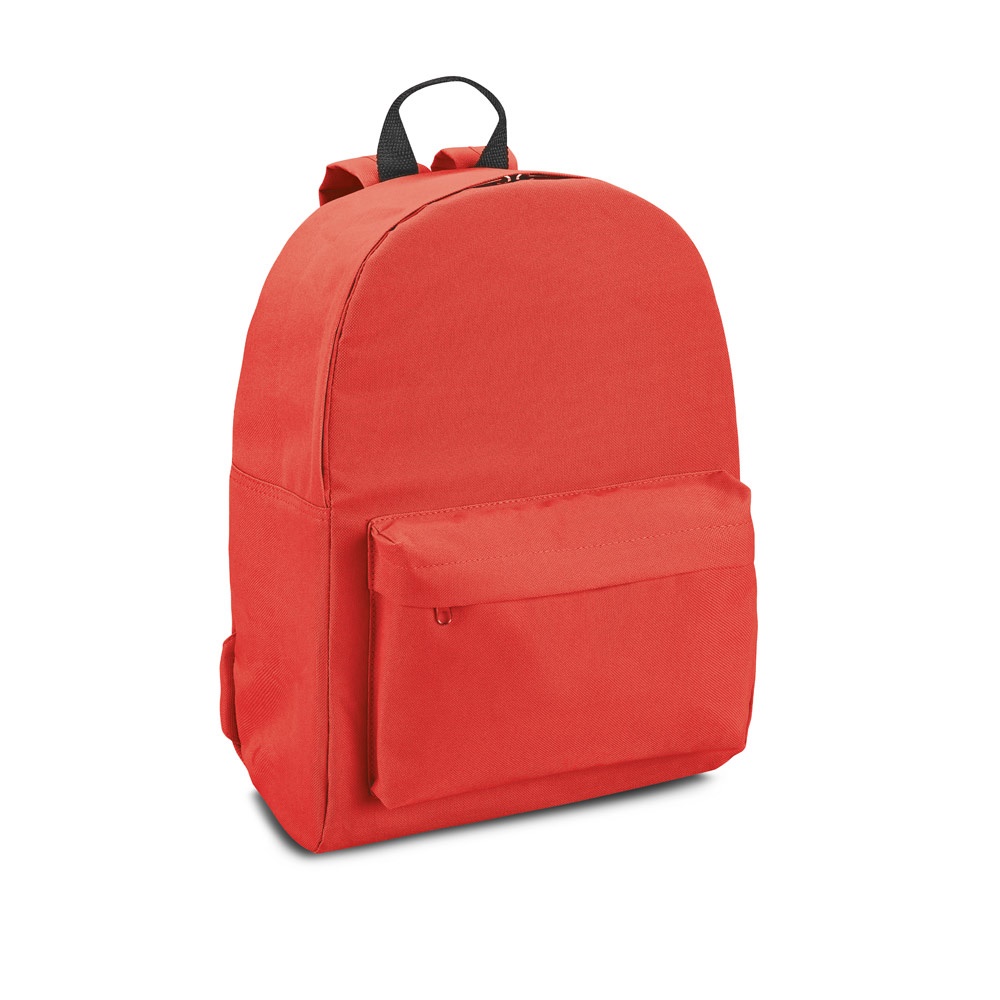 Mochila em 600D com alças almofadadas 20 litros e bolso frontal personalizada com a logo da empresa, na cor vermelho