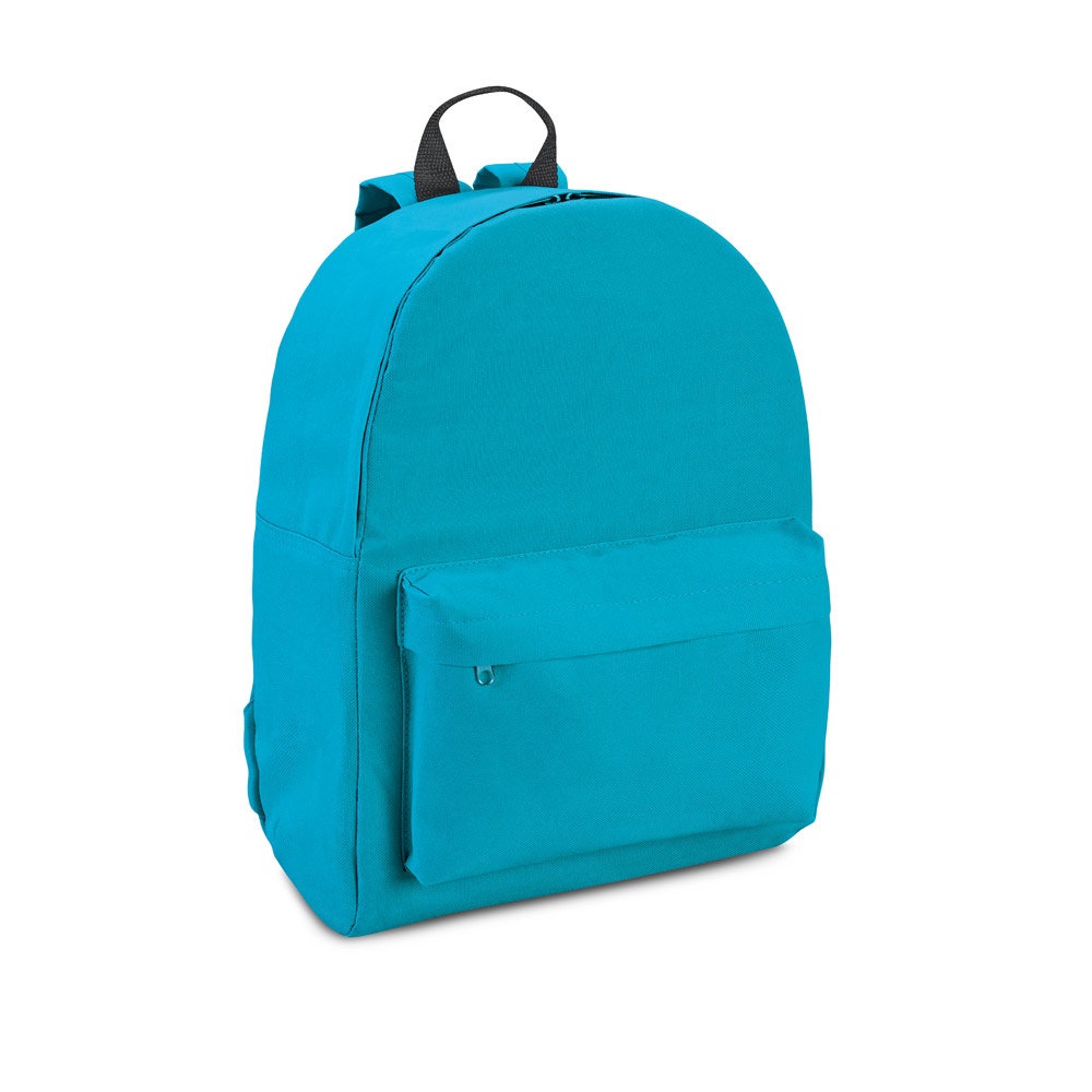 Mochila em 600D com alças almofadadas 20 litros e bolso frontal personalizada com a logo da empresa, na cor azul claro