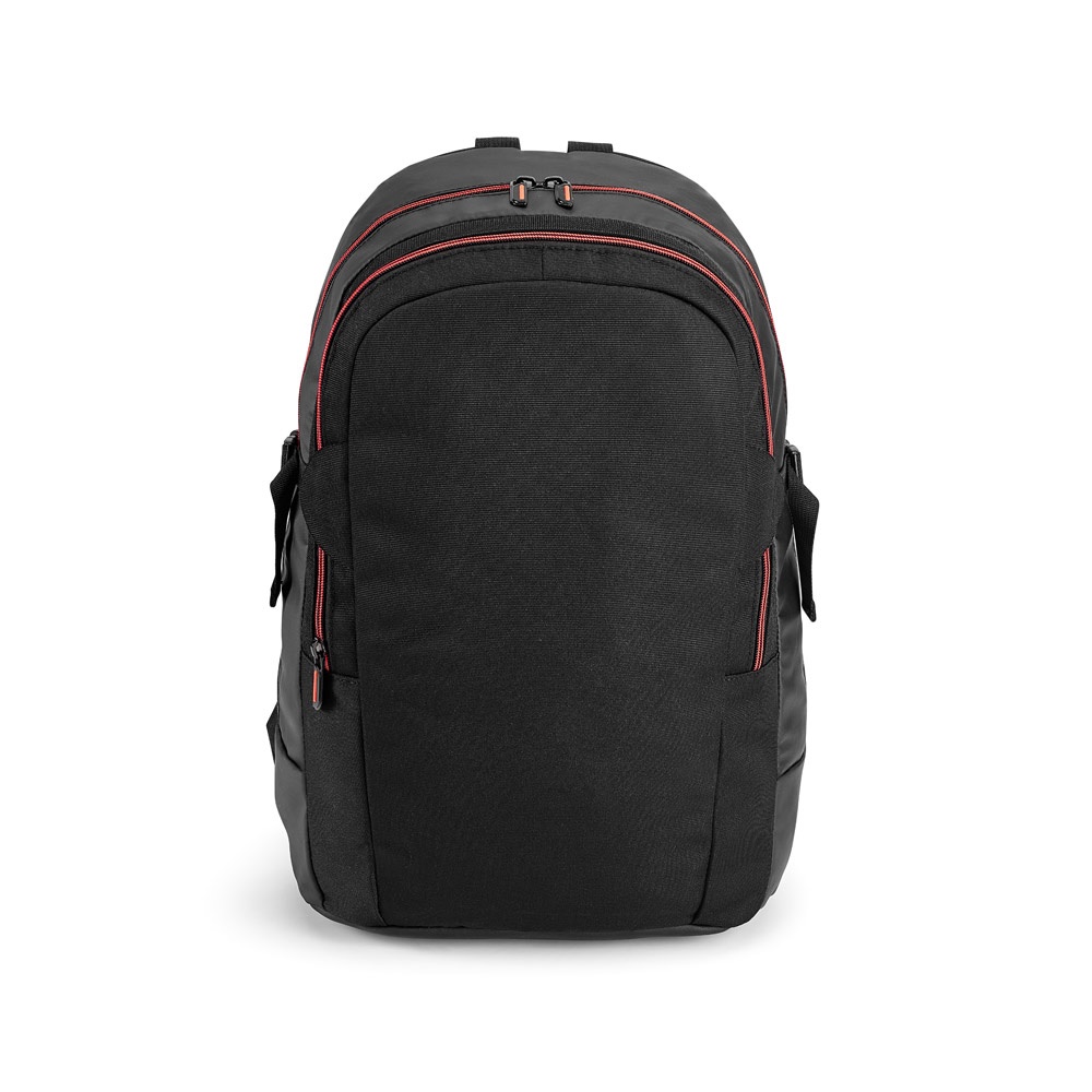 Mochila para notebook 17" 18 litros em 900D e couro sintético personalizada com a logo da empresa, na cor laranja