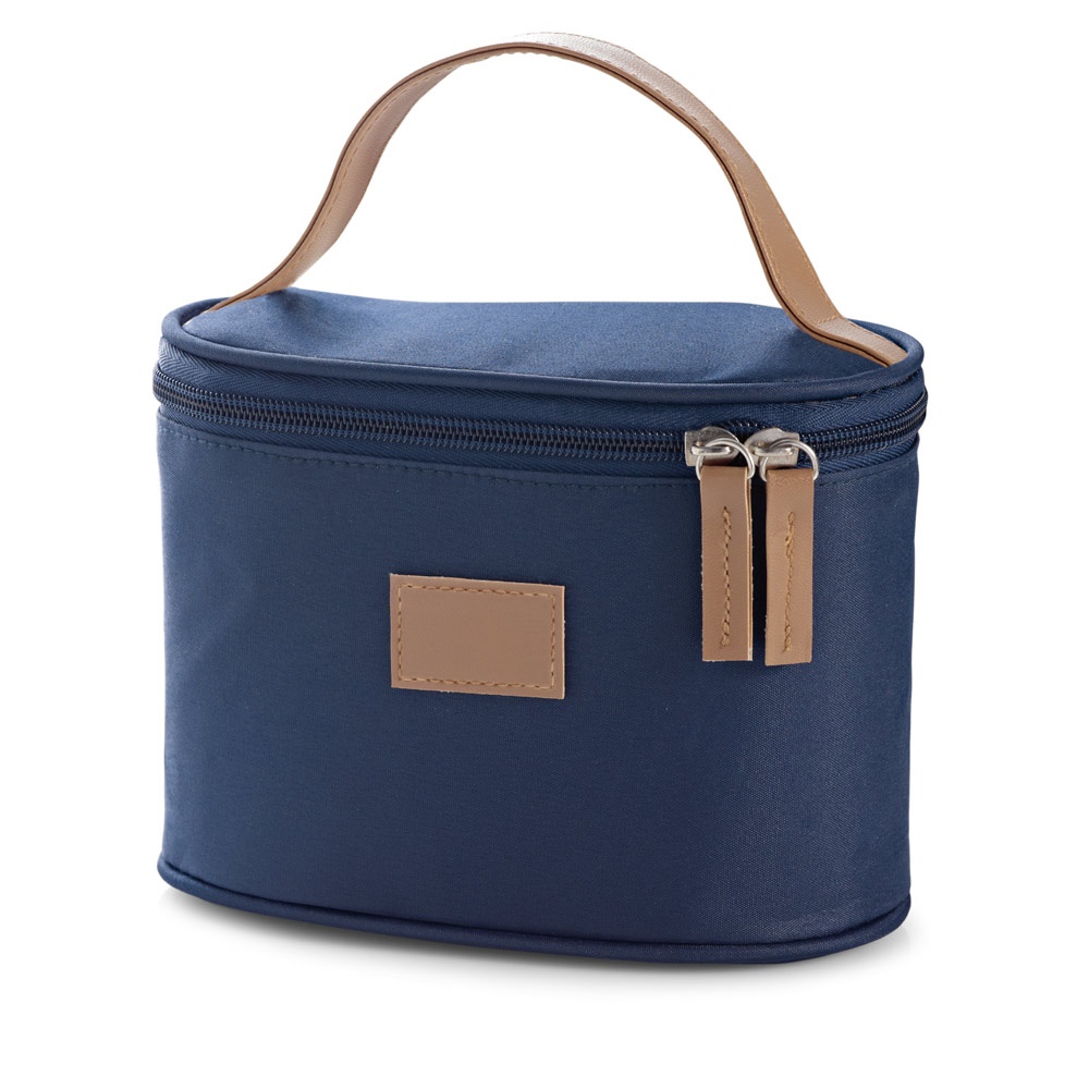 Bolsa de cosméticos de microfibra com zíper duplo na cor Azul, personalizada com a logo da empresa