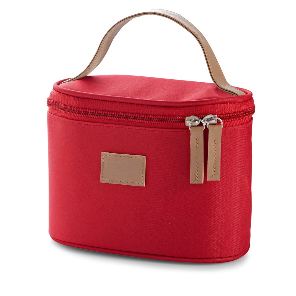 Bolsa de cosméticos de microfibra com zíper duplo personalizada com a logo da empresa, na cor vermelho