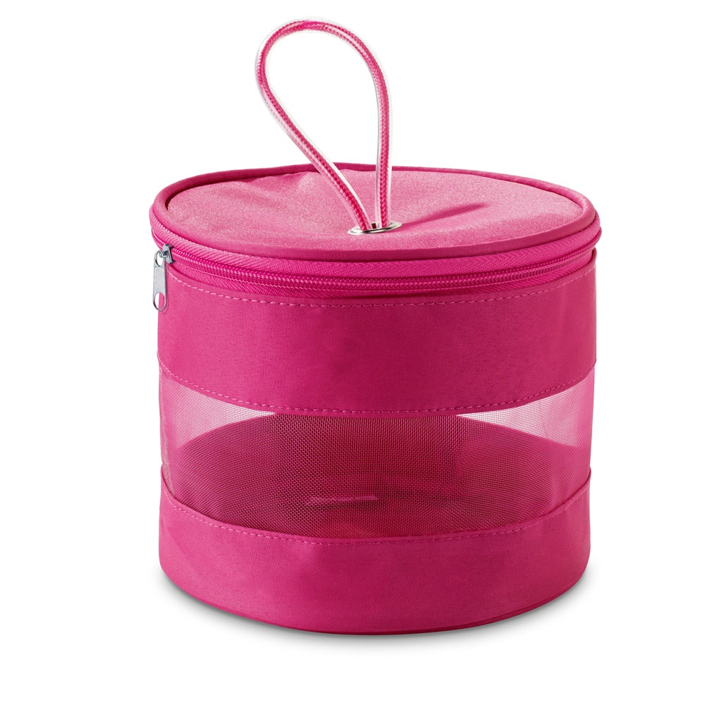 Bolsa de cosméticos de microfibra personalizada com a logo da empresa, na cor rosa