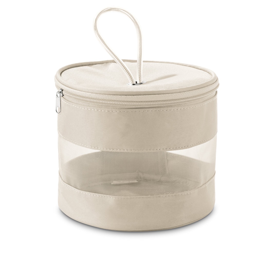 Bolsa de cosméticos de microfibra personalizada com a logo da empresa, na cor bege