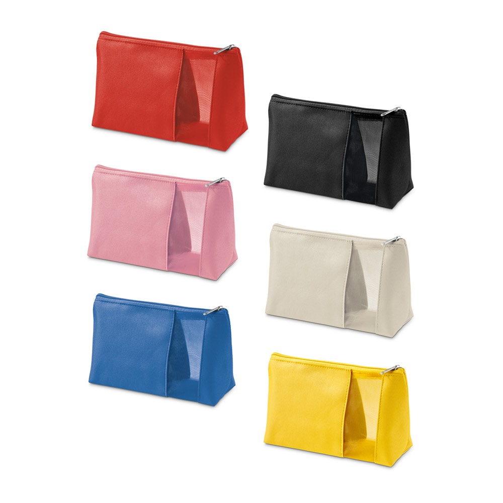 Bolsa de cosméticos em microfibra e tela mesh personalizada com a logo da empresa