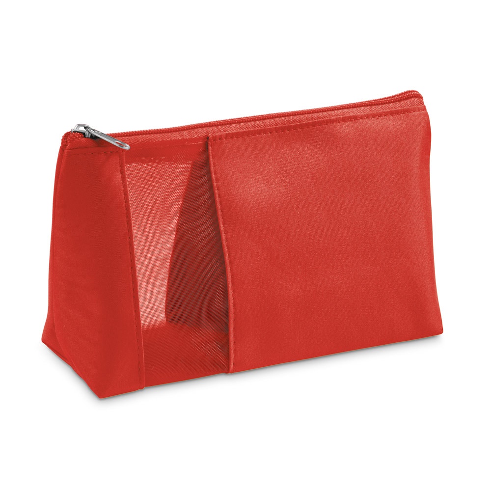 Bolsa de cosméticos em microfibra e tela mesh na cor Vermelho, personalizada com a logo da empresa