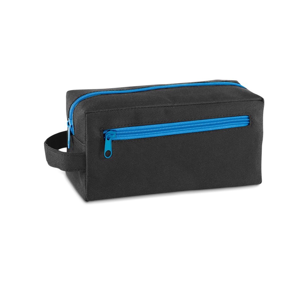 Bolsa de cosméticos com bolso frontal personalizada com a logo da empresa, na cor azul royal