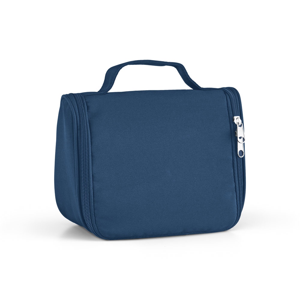 Bolsa de cosméticos em microfibra personalizada com a logo da empresa, na cor azul
