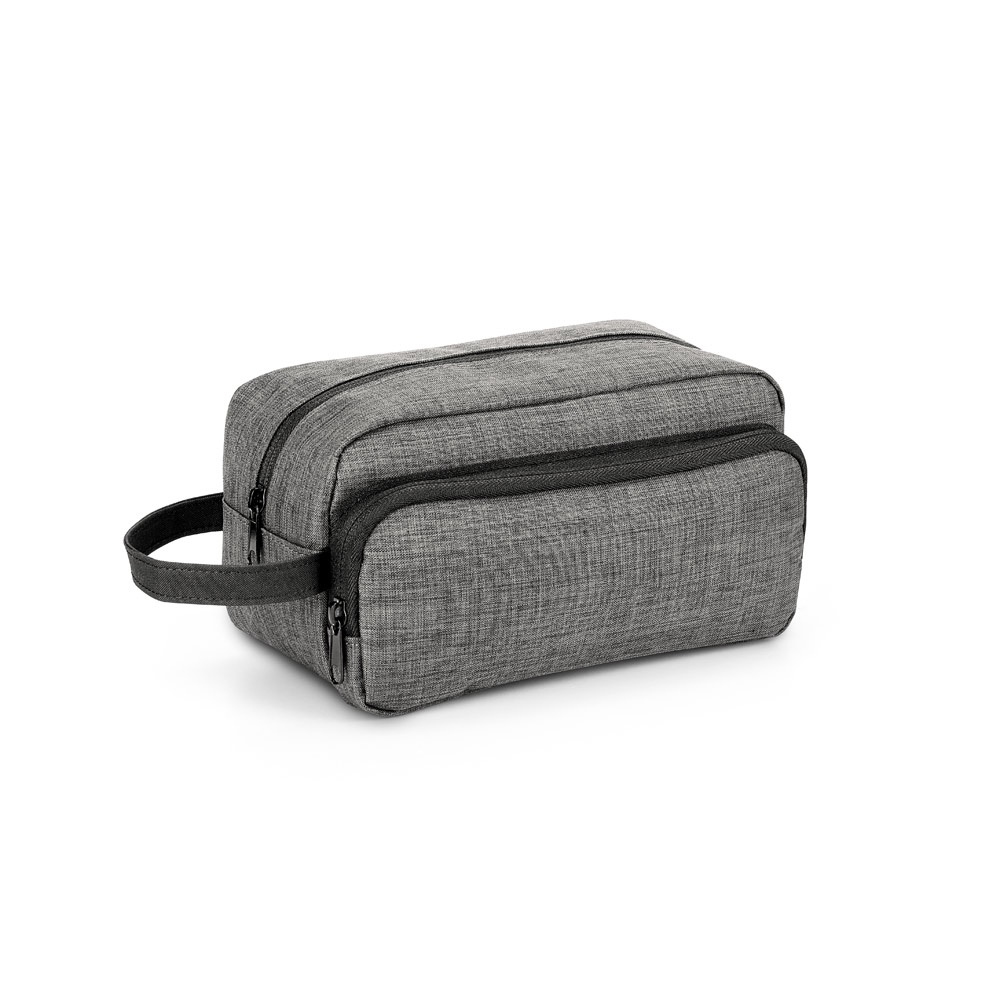 Bolsa de cosméticos pessoal em 300D com bolso frontal na cor Cinza, personalizada com a logo da empresa