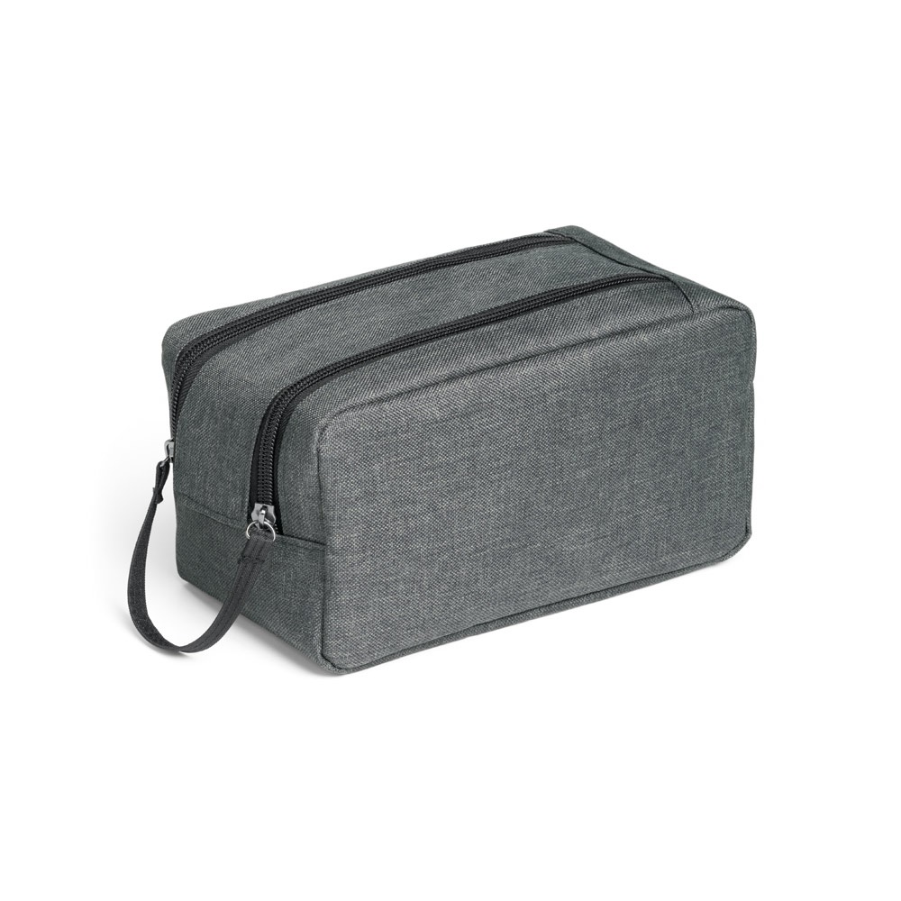 Bolsa de cosméticos em 600D na cor Cinza, personalizada com a logo da empresa