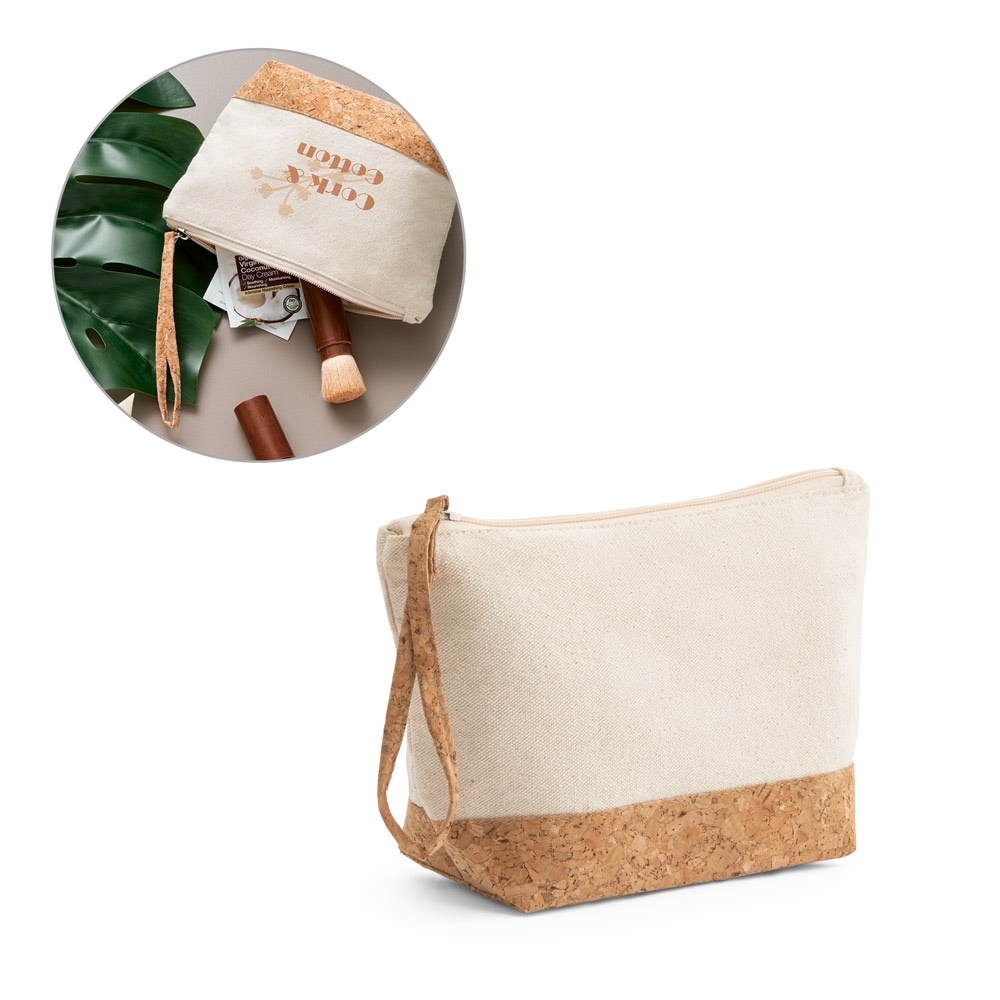 Bolsa de cosméticos 100% de algodão (280 g/m²) com detalhes em cortiça personalizada com a logo da empresa