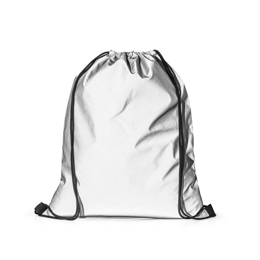 Sacola tipo mochila em poliéster (200 g/m²) na cor Cromado satinado, personalizada com a logo da empresa