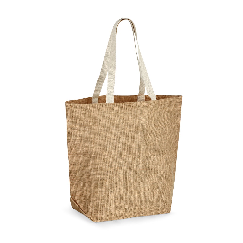 Sacola 100% juta (360 g/m²) com laminado no interior na cor Natural, personalizada com a logo da empresa