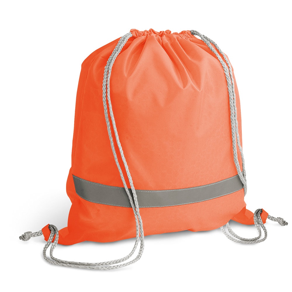 Sacola tipo mochila em 210D com elementos refletores na cor Laranja, personalizada com a logo da empresa