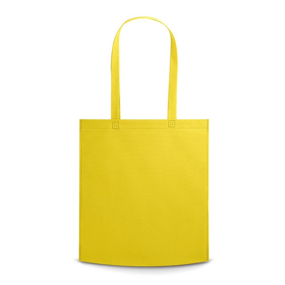 Sacola em non-woven (80 g/m²) termo-selada personalizada com a logo da empresa, na cor amarelo