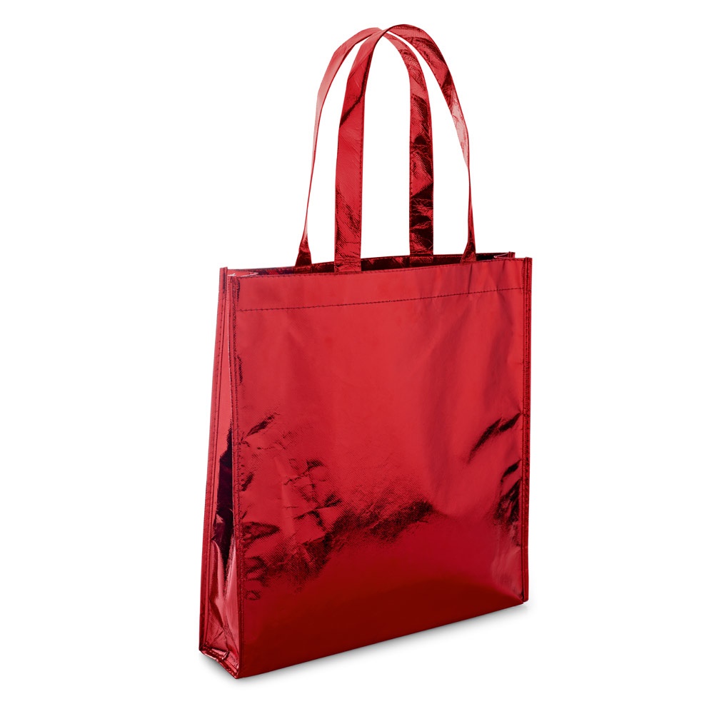 Sacola em non-woven laminado (90 g/m²) com laminação brilhante na cor Vermelho, personalizada com a logo da empresa