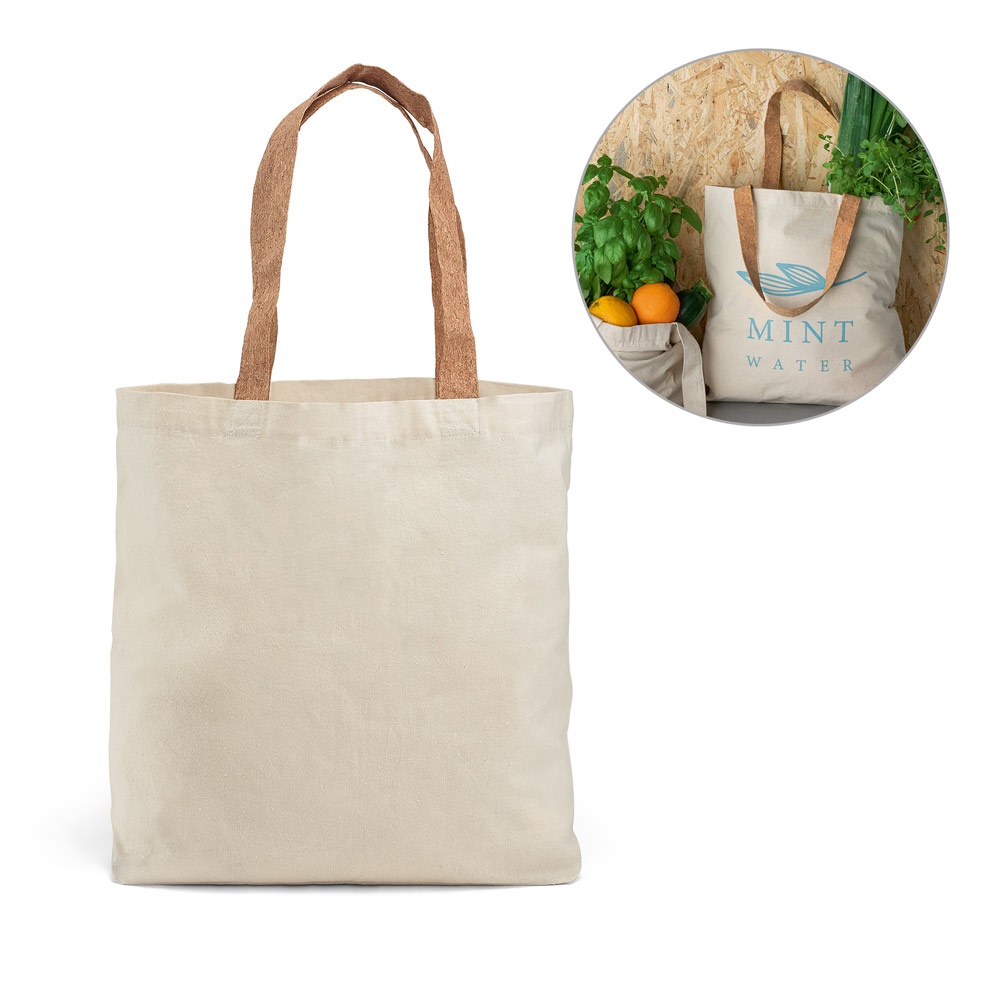 Sacola 100% algodão (180 g/m²) com alças em cortiça e bolso interior personalizada com a logo da empresa