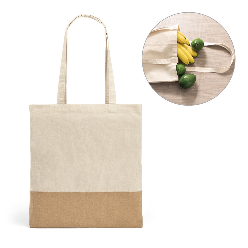 Sacola 100% algodão (160 g/m²) com detalhes em imitação de juta personalizada com a logo da empresa