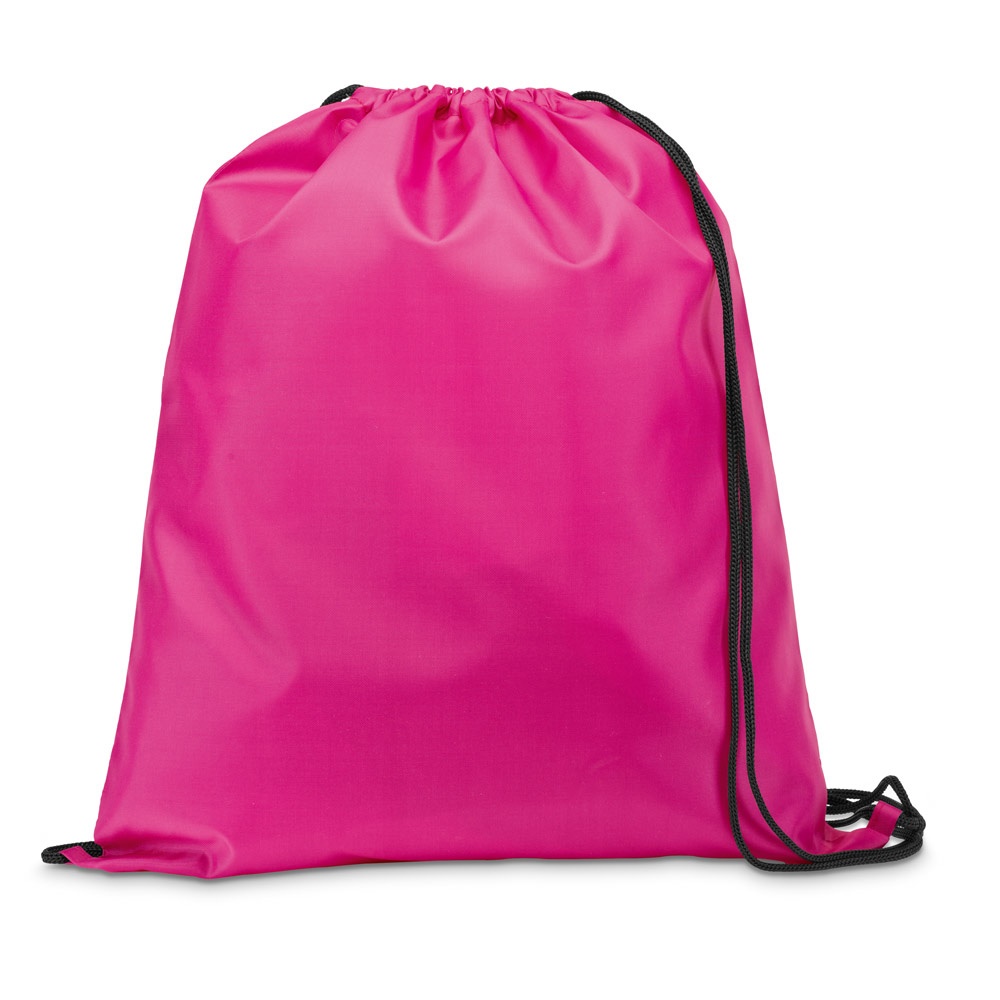 Sacola tipo mochila em 210D com cordões em preto personalizada com a logo da empresa, na cor rosa