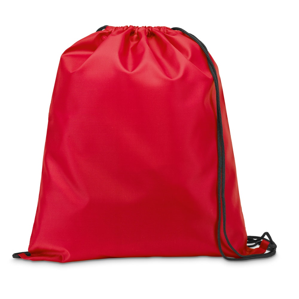 Sacola tipo mochila em 210D com cordões em preto personalizada com a logo da empresa, na cor vermelho