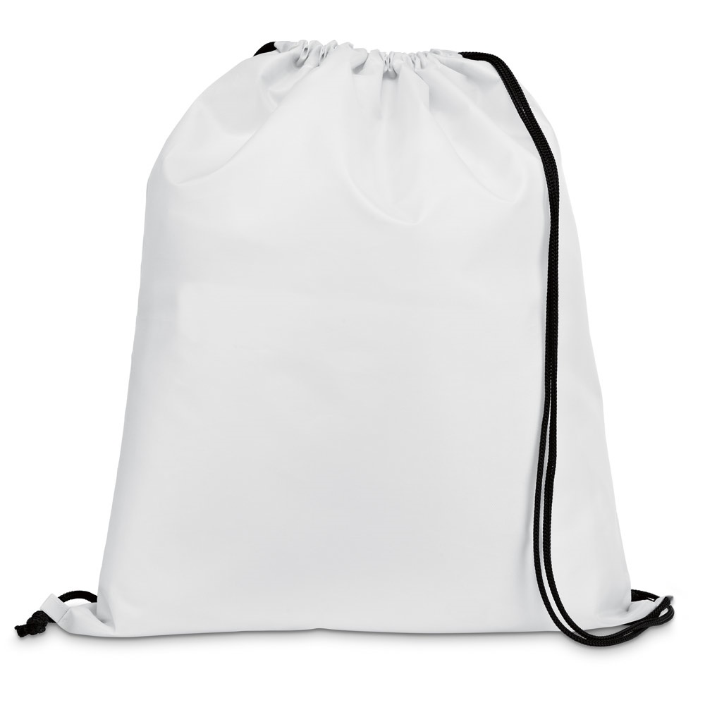 Sacola tipo mochila em 210D com cordões em preto na cor Branco, personalizada com a logo da empresa
