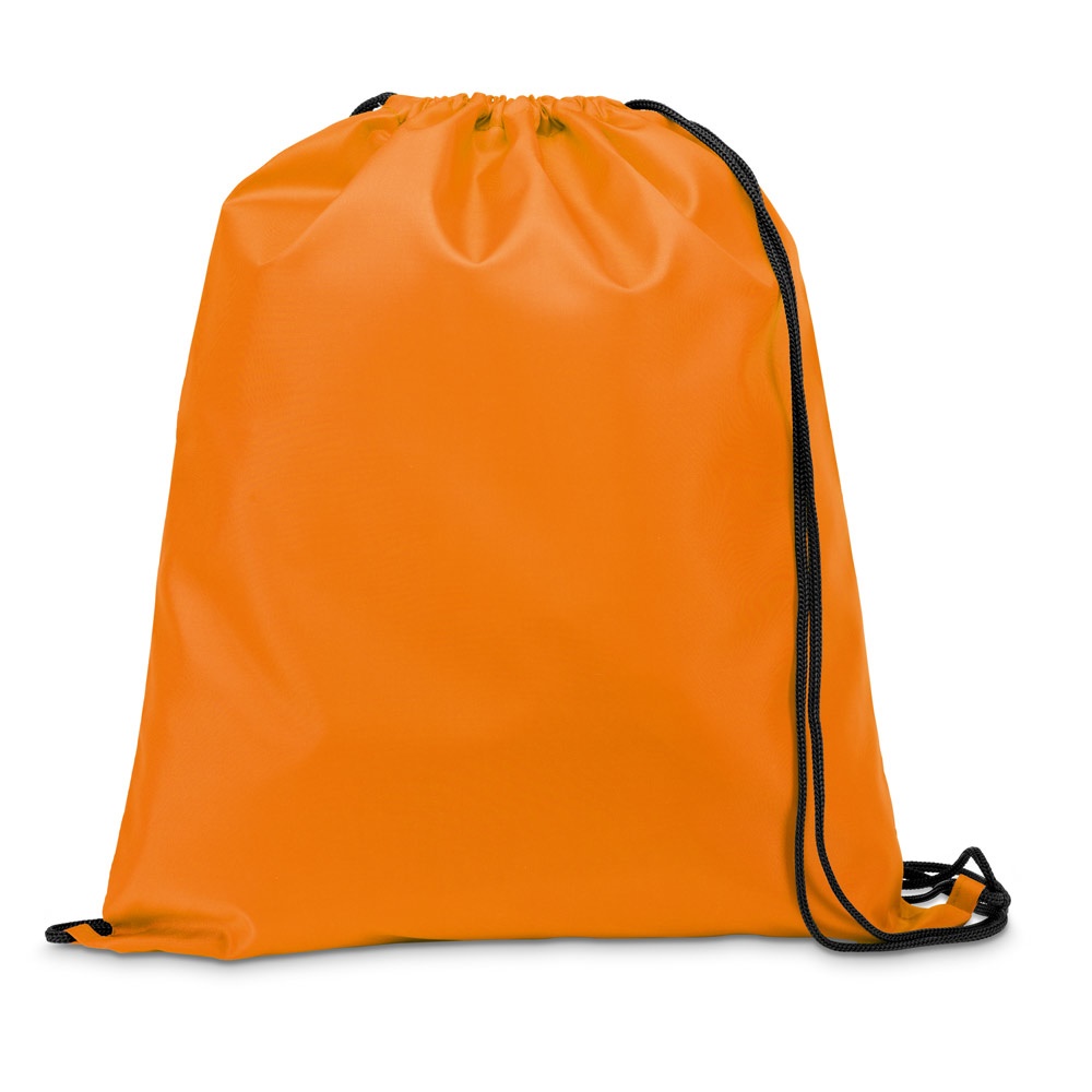 Sacola tipo mochila em 210D com cordões em preto personalizada com a logo da empresa, na cor laranja