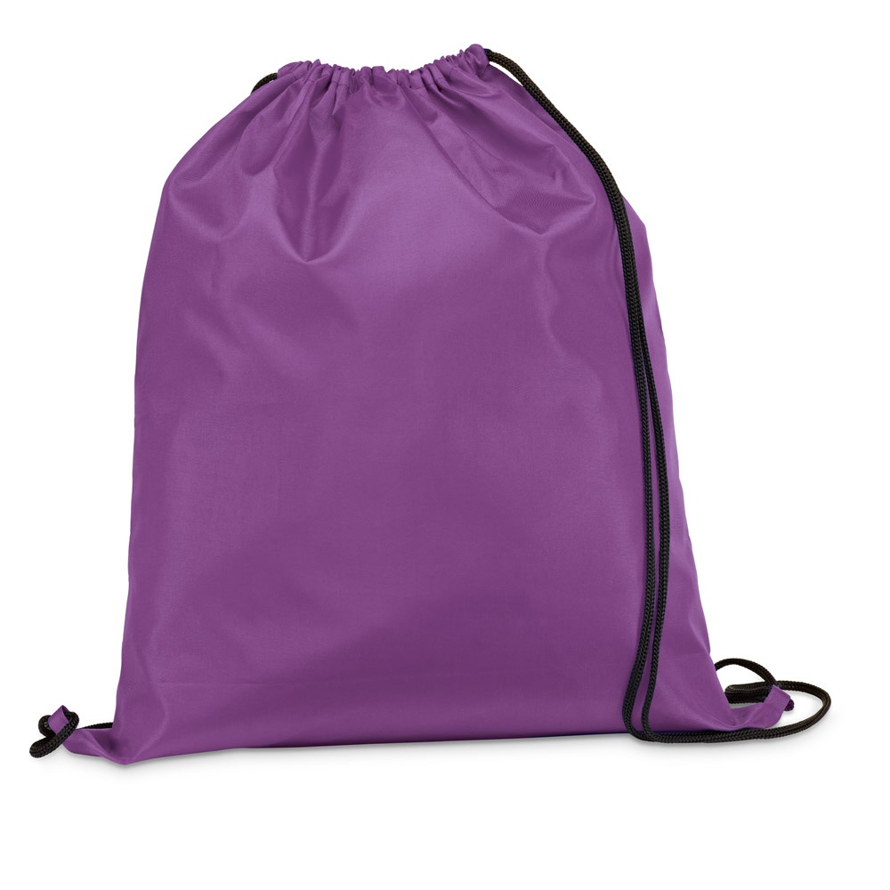 Sacola tipo mochila em 210D com cordões em preto personalizada com a logo da empresa, na cor roxo