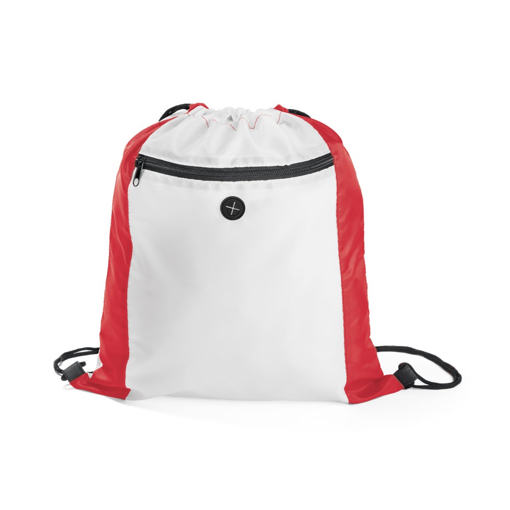 Sacola tipo mochila em 210D com bolso frontal na cor Vermelho, personalizada com a logo da empresa