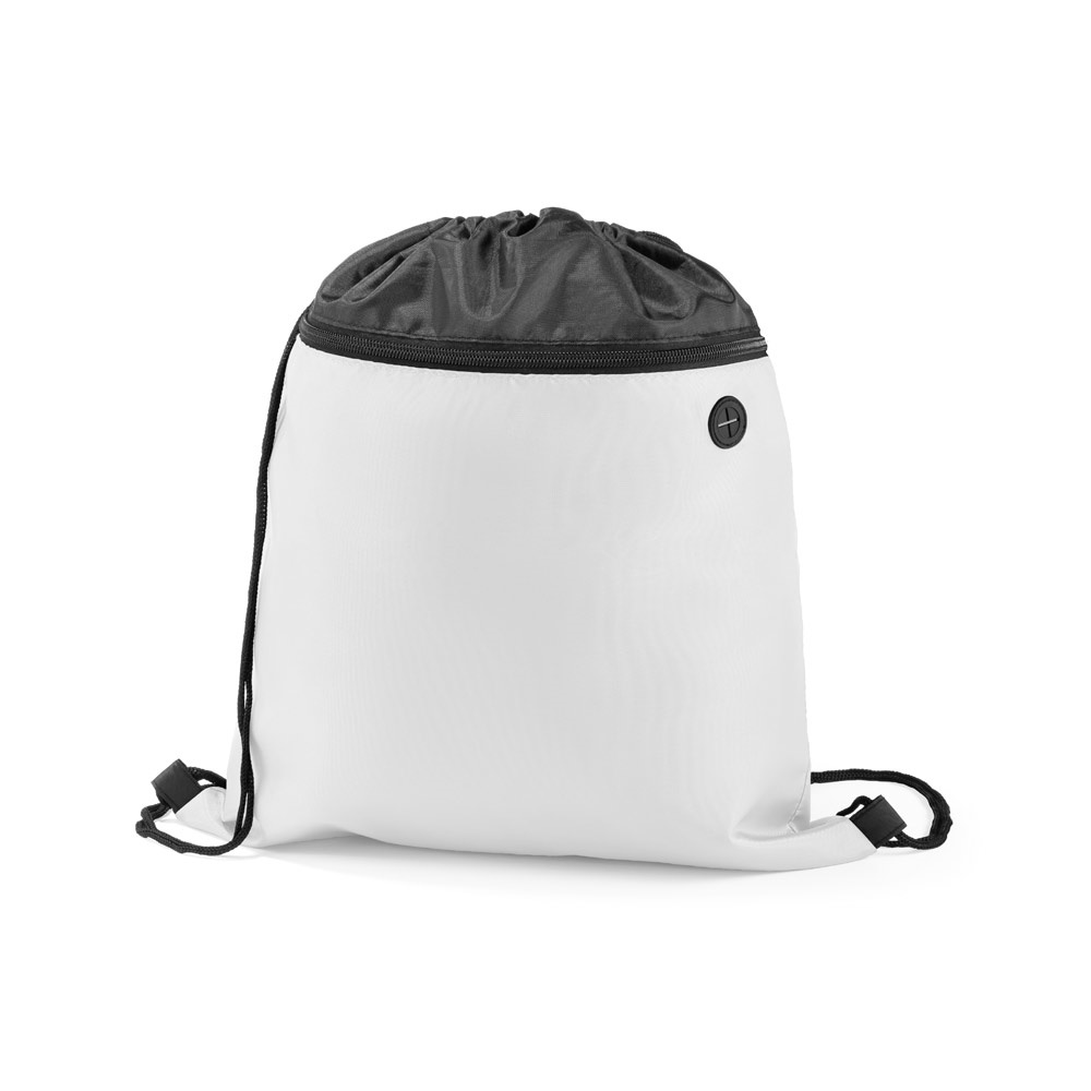Sacola tipo mochila em 210D com bolso frontal e saída para fones na cor Branco, personalizada com a logo da empresa