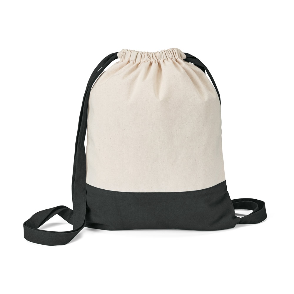 Sacola tipo mochila 100% algodão (180 g/m²) na cor Preto, personalizada com a logo da empresa