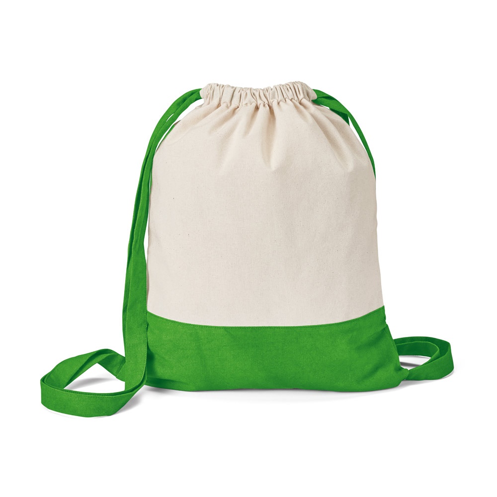 Sacola tipo mochila 100% algodão (180 g/m²) personalizada com a logo da empresa, na cor verde claro