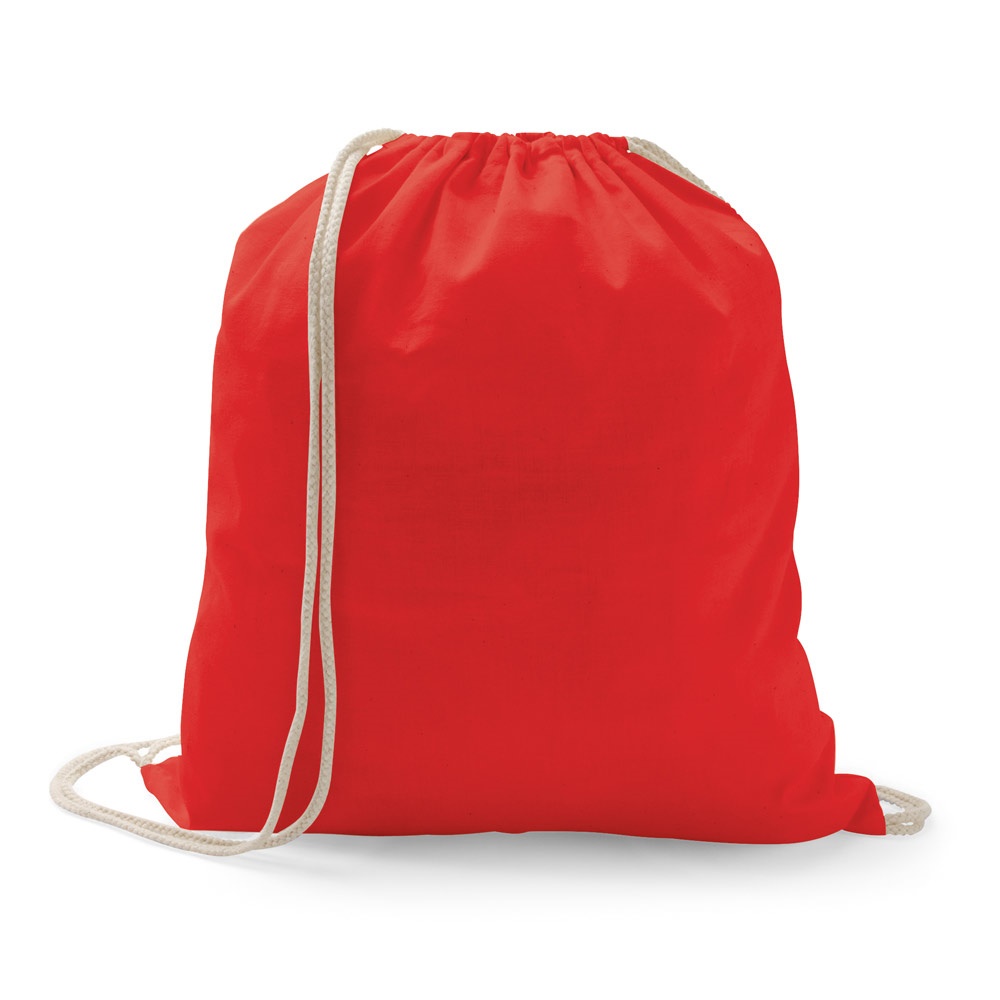 Sacola tipo mochila 100% algodão (100g/m²) personalizada com a logo da empresa, na cor vermelho