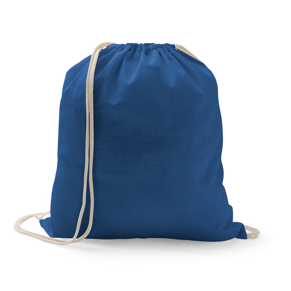 Sacola tipo mochila 100% algodão (100g/m²) na cor Azul royal, personalizada com a logo da empresa