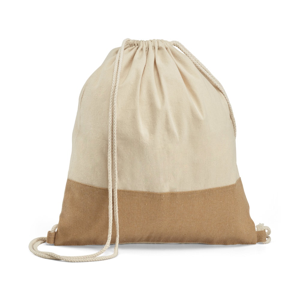 Sacola tipo mochila 100% algodão (160 g/m²) com detalhe tipo juta personalizada com a logo da empresa