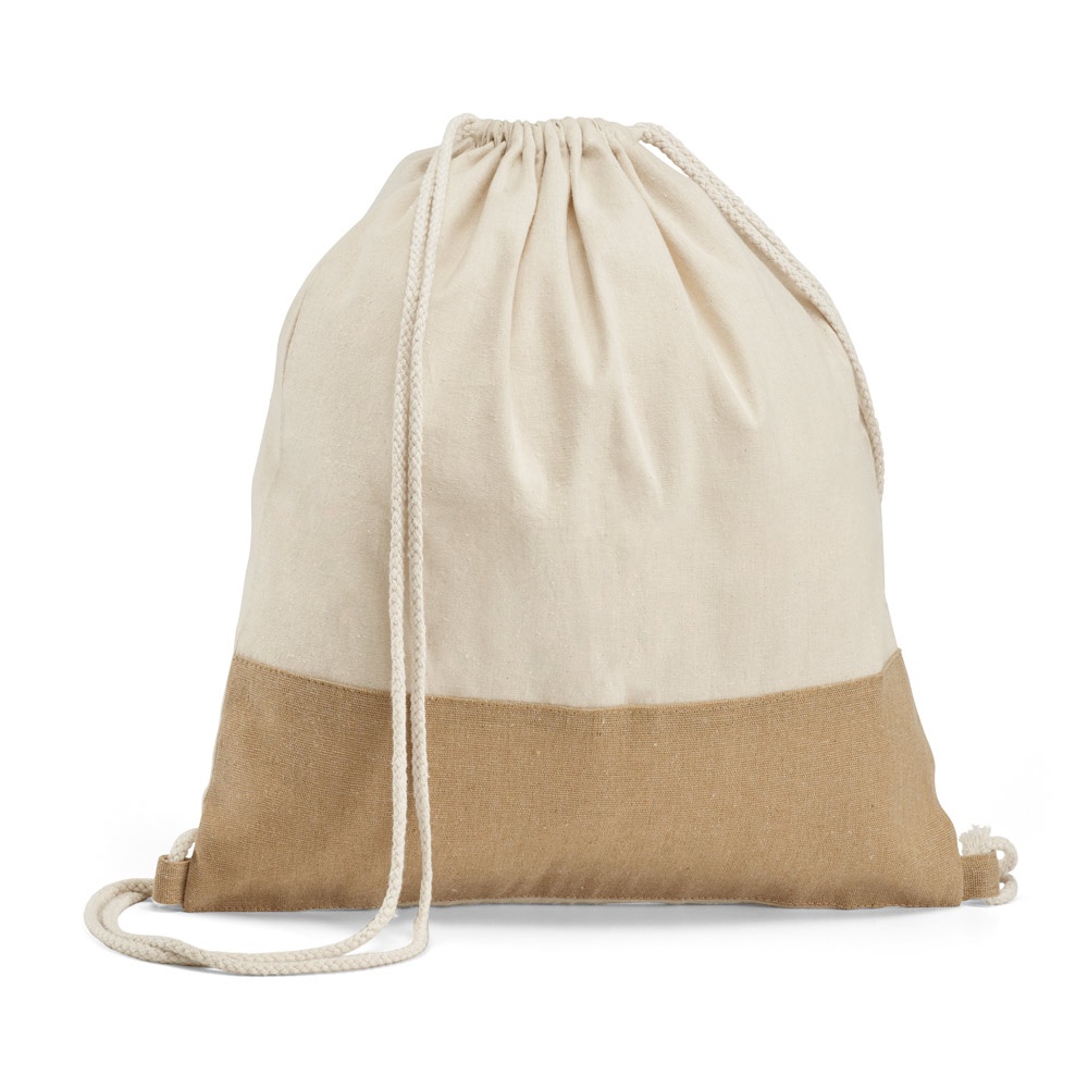 Sacola tipo mochila 100% algodão (160 g/m²) com detalhe tipo juta na cor Natural, personalizada com a logo da empresa