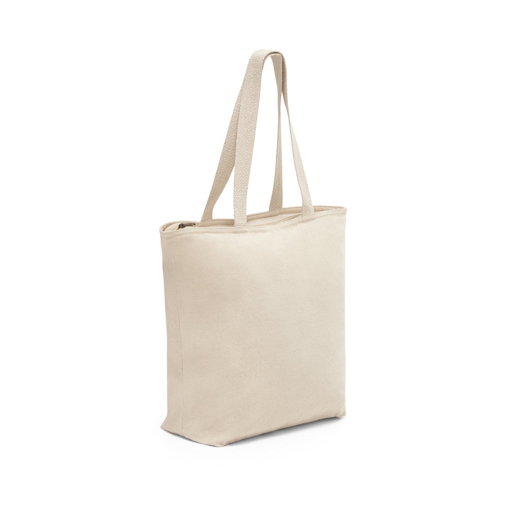 Sacola 100% algodão (280 g/m²) com fecho e bolso interior na cor Natural claro, personalizada com a logo da empresa