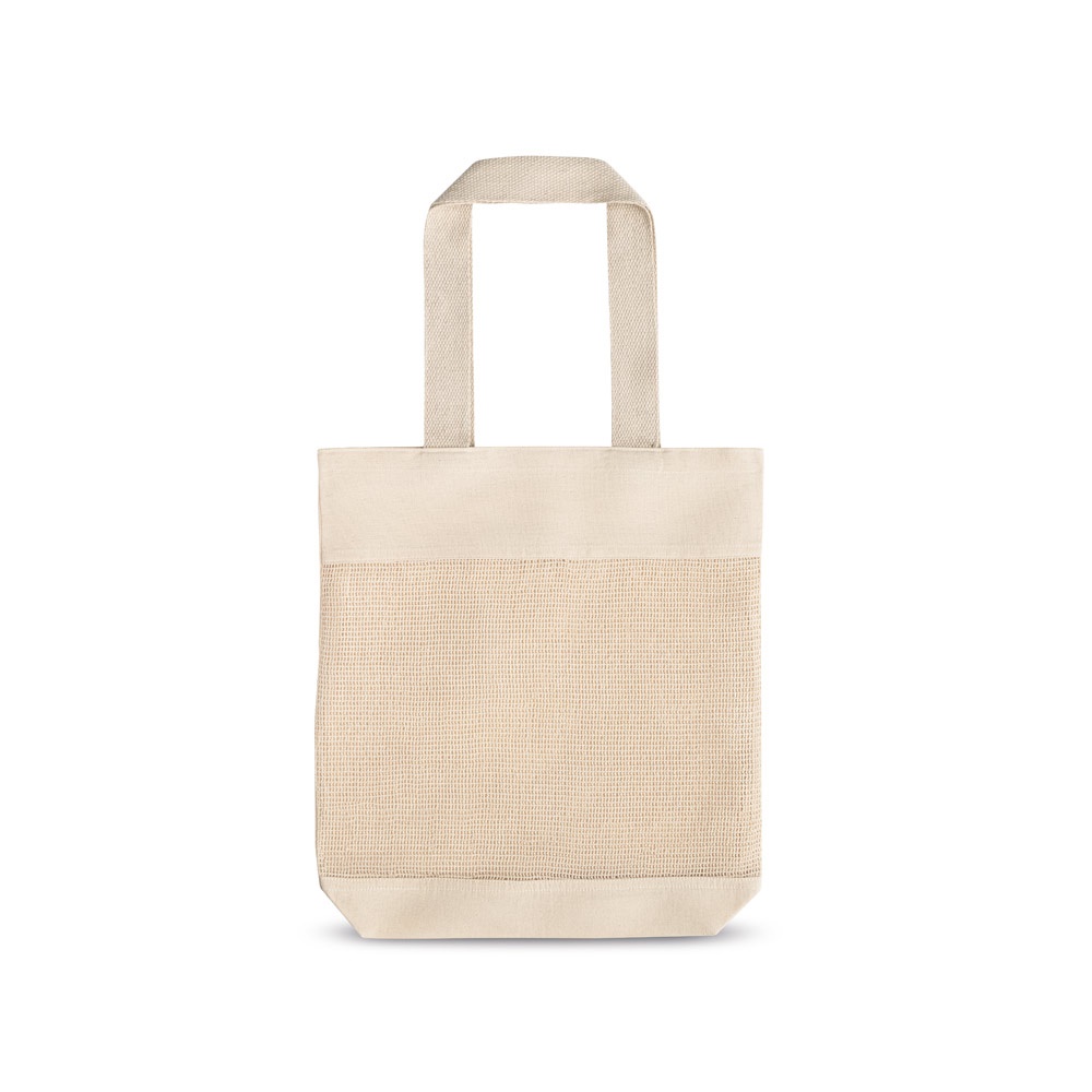 Sacola 100% algodão (180 g/m²) com malha 100% algodão (100 g/m²) na cor Natural claro, personalizada com a logo da empresa