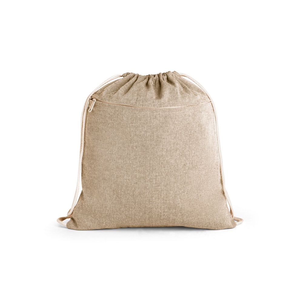 Sacola tipo mochila em algodão reciclado 140 g/m² com bolso frontal personalizada com a logo da empresa, na cor natural