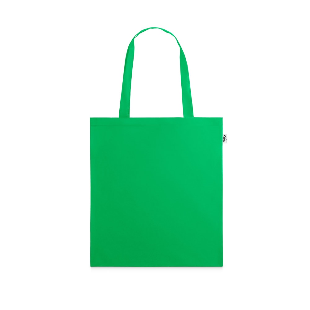 Sacola em poliéster reciclado 190T com alças de 55 cm personalizada com a logo da empresa, na cor verde