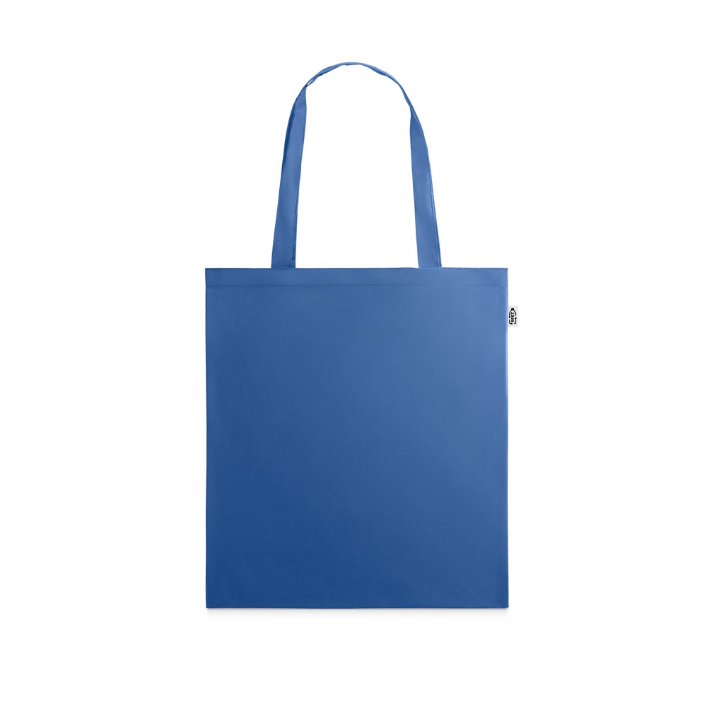 Sacola em poliéster reciclado 190T com alças de 55 cm personalizada com a logo da empresa, na cor azul royal