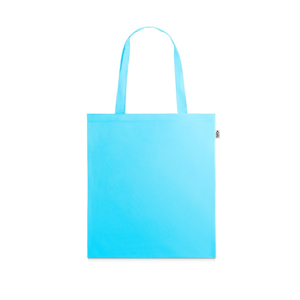 Sacola em poliéster reciclado 190T com alças de 55 cm personalizada com a logo da empresa, na cor azul claro