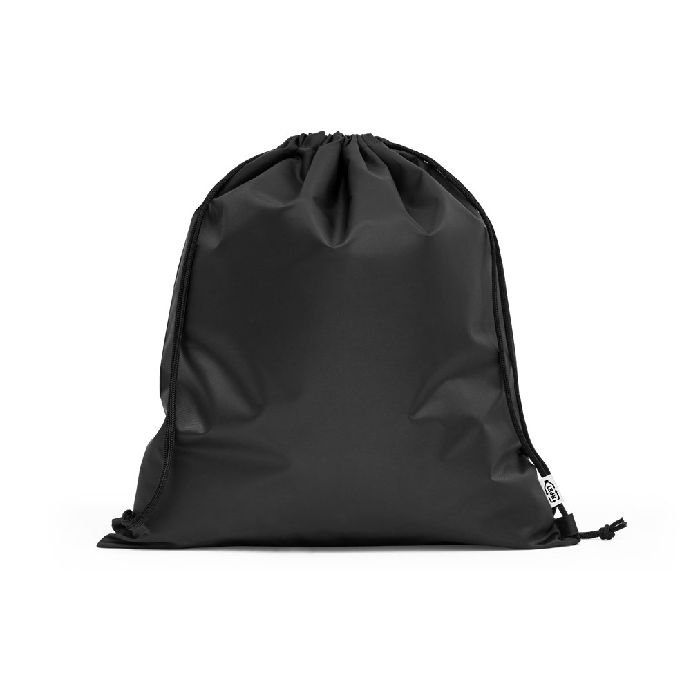 Sacola tipo mochila em poliéster reciclado 190T na cor Preto, personalizada com a logo da empresa