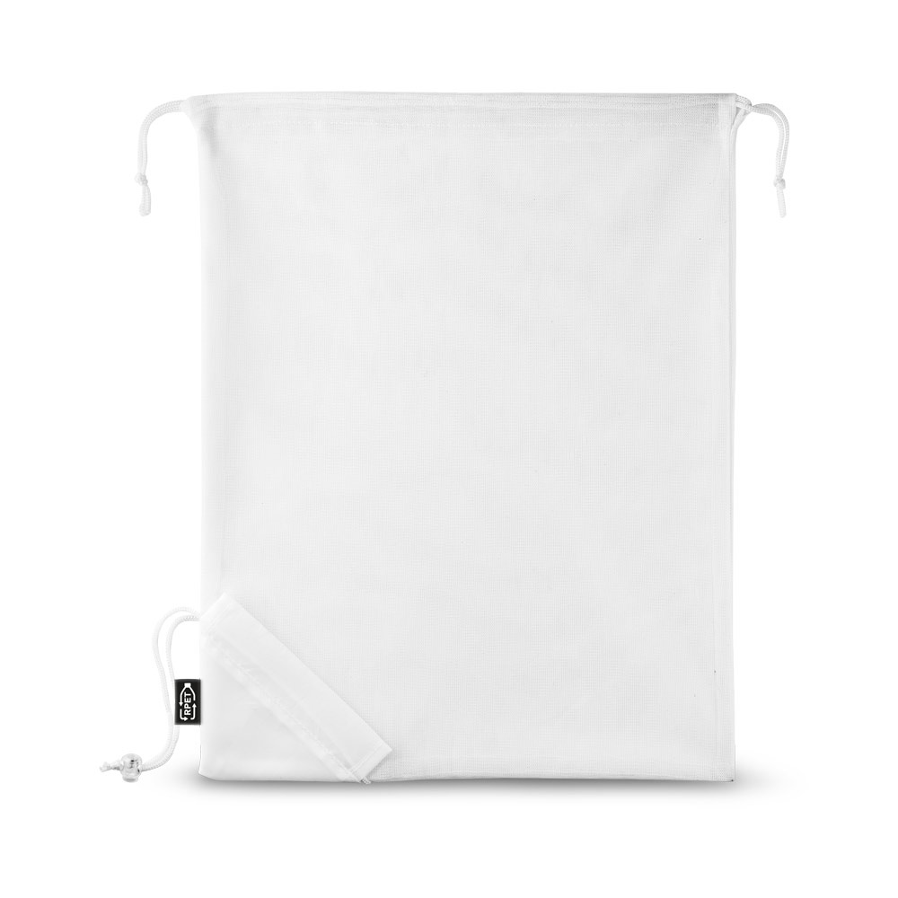 Sacola dobrável 100% RPET com bolso em 100% poliéster reciclado 190T na cor Branco, personalizada com a logo da empresa
