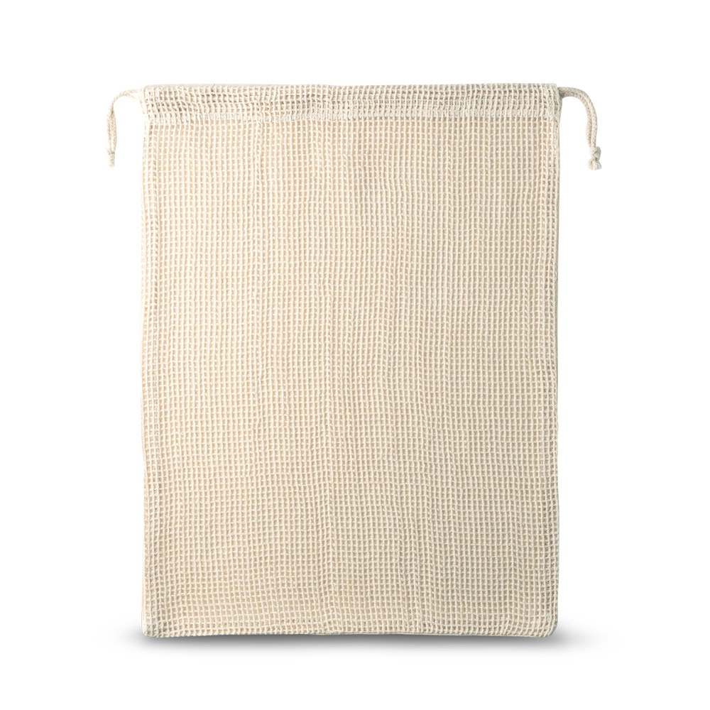 Sacola 100% algodão (120 g/m²) na cor Natural claro, personalizada com a logo da empresa