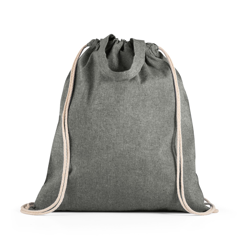 Sacola tipo mochila em algodão reciclado 140 g/m² sem tingimento na cor Preto, personalizada com a logo da empresa