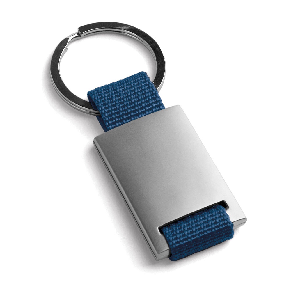 Chaveiros em metal e em webbing personalizados com a logo da empresa, na cor azul