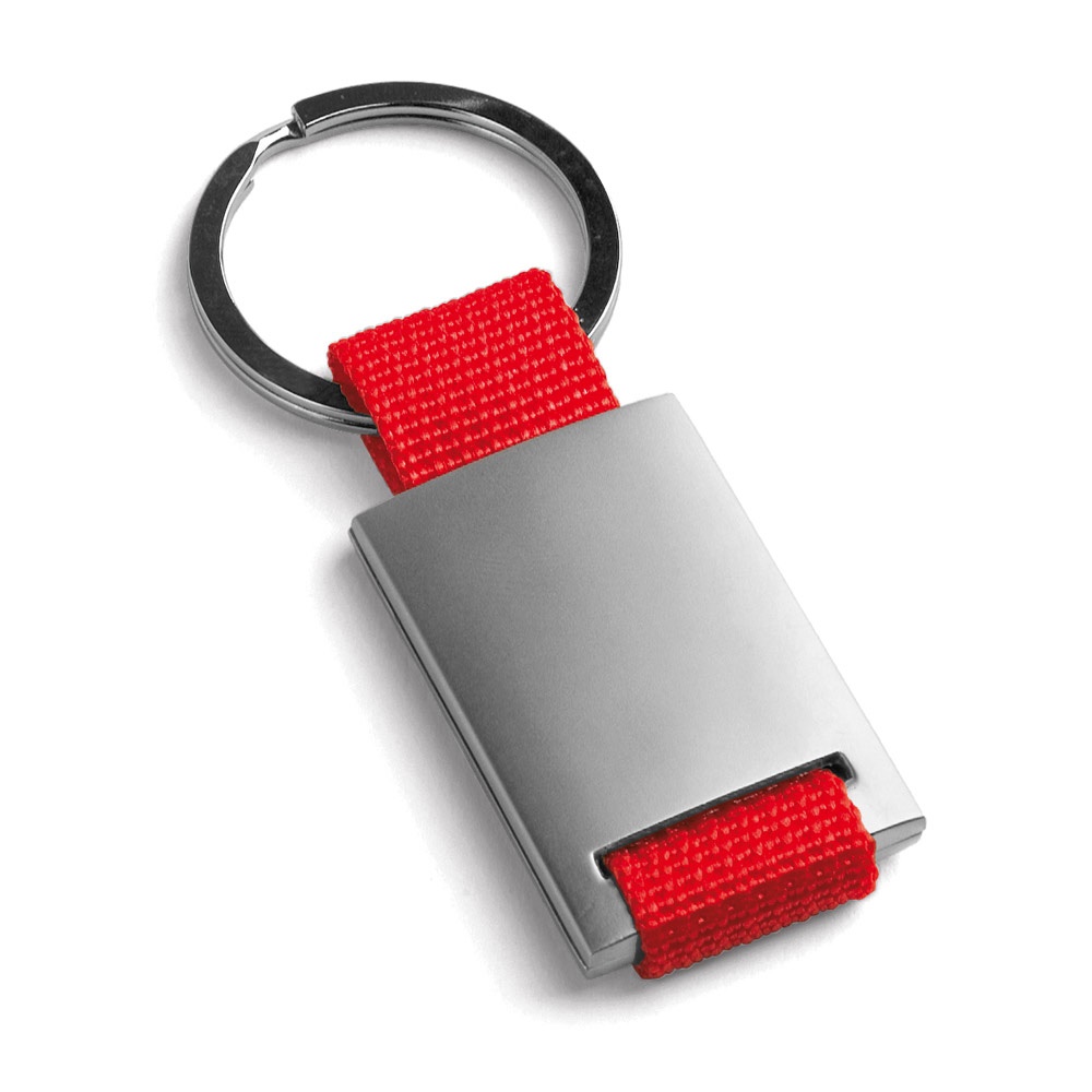 Chaveiros em metal e em webbing personalizados com a logo da empresa, na cor vermelho